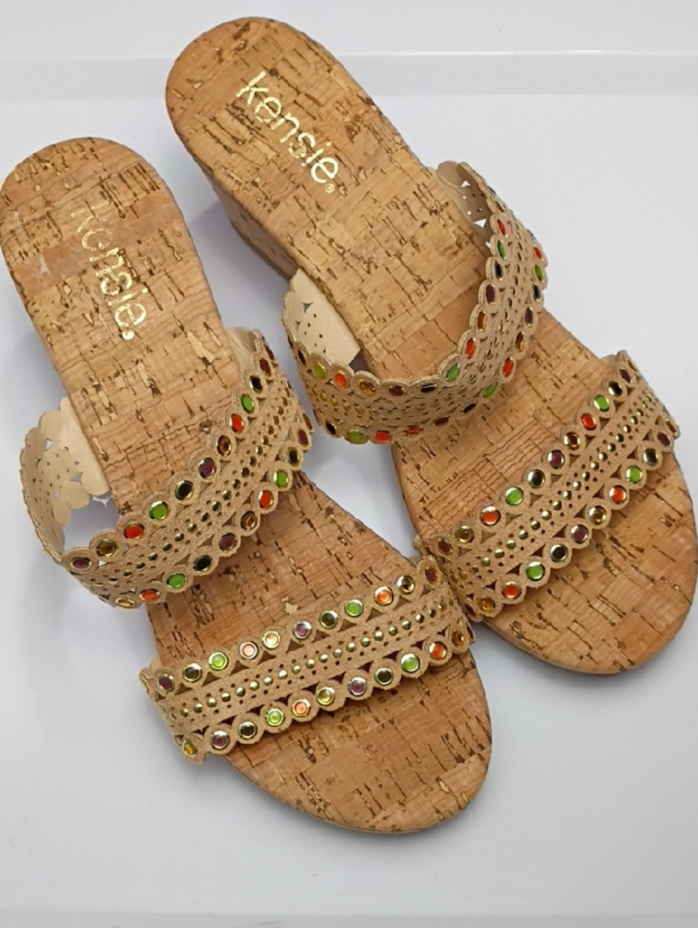 Kensie Tan Cork Slide Sandals with Multicolor Studs